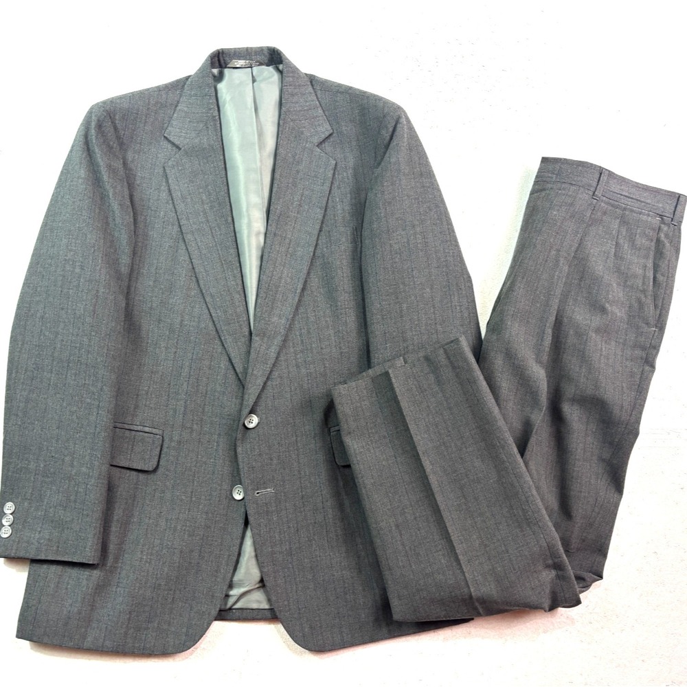 vtg 90s Haggar 42L 34x31 Gray Stripe 2pc Pant Suit USA Made Pleated Mens